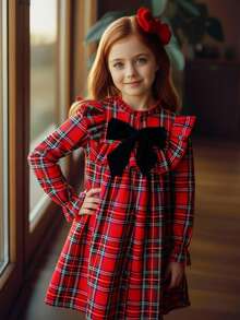 SHEIN Tween Girls' Cute Back-To-School Red And White Plaid Dress,Autumn Elegant Long Sleeve Ruffle Trim Patchwork Bow Decor Loose Christmas Party Dress - Red - View 2