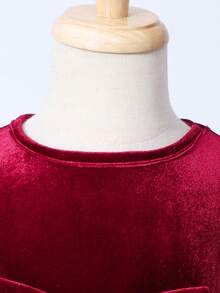 Glamorique Kids 幼儿酒红色天鹅绒珍珠装饰大蝴蝶结喇叭袖连衣裙，甜美优雅，适合圣诞派对和新年穿着 - 酒紅色 - 查看 3