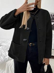 Chiquease Round Neck Contrast Color Ox Horn Button Loose Sherpa Jacket Fall Cloth For Women - Black - View 1