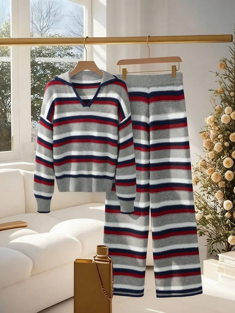 Franclia Set de două piese pentru femei, minimalist, casual, versatil, cu dungi, decolteu în V, tricotat, top și pantaloni, pulover elegant tricotat cu mânecă lungă și umeri căzuți, cu manșete crăpate