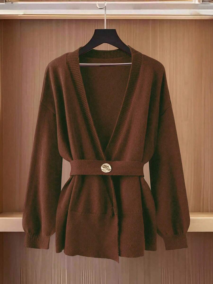 GlowEve CURVE Plus Size Vintage Wine Red Waist Cinched Sweater With Crossover V-Neck, Eye-Catching - Brown - View 1