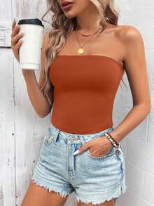 Sylviya Áo ống ôm sát màu trơn, kiểu dáng thường ngày dành cho nữ, thích hợp cho mùa hè và kỳ nghỉ. - Màu Cam cháy - Xem 3