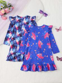 Young Girls Pajamas,2 Piece Cat Nightgown Dress Long Sleeve Round Neck Ruffle Hem Glow In Dark Soft Sleepwear,Holiday Party,Black,Autumn,7th Birthday - Blue - View 2