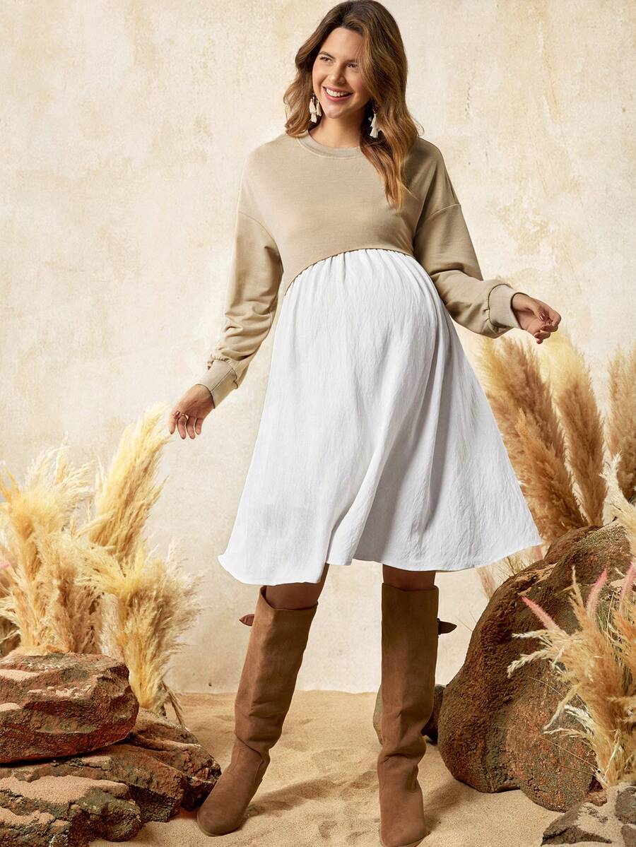 Boho Mama Abito casual da donna in gravidanza a maniche lunghe con scollo rotondo e spalle scoperte, a contrasto di colore - Multicolore - Visualizzare 1