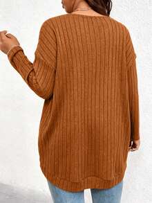 大码女式罗纹磨毛长袖T恤，适合秋冬季日常穿着 - 橘色 - 查看 2