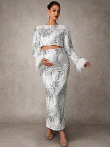 MaterniChic 2pcs Maternity Elegant Sequin Patchwork Fuzzy Trim Top And Skirt Set, Autumn - White - View 3