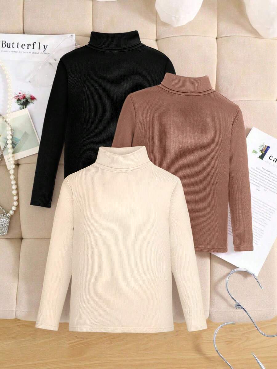 SHEIN Áo len cổ tròn tay dài màu trơn đơn giản dành cho bé gái tuổi teen 3 chiếc - Nhiều màu - Xem 1