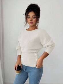 Elenzga Women's New Autumn/Winter Single-Piece Design Batwing Sleeve High-End Buttoned Minimalist Knit Long Sleeve Top, Versatile Daily Wear - White - View 5