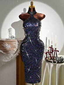 Mistrie Women's Navy Blue Sleeveless Halter-Neck Strapless Knitted Long Dress,Summer 70s Night Out Club Party Glittering Fitted Elegant Luxury Event Gown - Purple - View 1