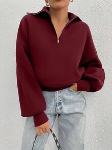 EURMUSE Sudadera oversize de 100% algodón con cuello con cremallera y estampado - Burdeos - Ver 4