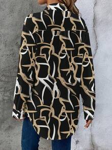 SHEIN LUNE 女士休闲长袖衬衫，纽扣前开襟，不对称印花图案，适合秋冬季穿着 - 彩色 - 查看 2