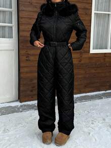 SHEIN EZwear White Fuzzy Hat & Thick Jumpsuit For Women, Suitable For Playing In Snow In Autumn/Winter,Fall,Fall Clothes For Women - Black - View 6