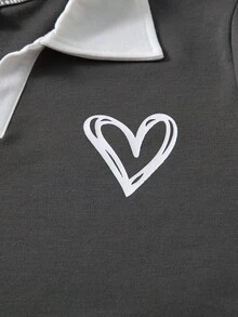 Casuvi Kids 2pcs Girls Casual Loose Fit Gray Knit Polo Collar Ruched Long Sleeve Outfit, Suitable For Casual, Sports, Streetwear, Back To School, Holiday, Family Outdoor Spring Picnic And Daily Wear - Dark Grey - View 12
