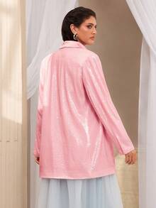 VOLUPTÉ CURVE Áo khoác mùa xuân cỡ lớn mới, thanh lịch, sang trọng, phong cách retro đô thị, chất liệu vải sequin cao cấp, ve áo satin màu hồng, dáng áo cỡ lớn, phù hợp đi làm, dự tiệc, hai hàng cúc, tay dài, dáng dài đến khuỷu tay, áo khoác vest nữ cho đám cưới, tiệc tùng, các dịp thường ngày. - Hồng - Xem 2