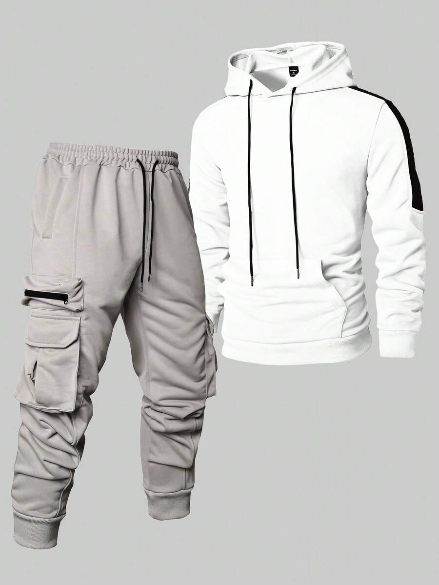 Manfinity Homme 男士撞色长袖连帽卫衣，带口袋和抽绳，休闲两件套，含工装裤 - 淺灰色 - 查看 1