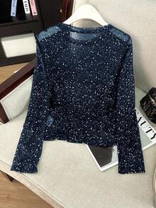 Franclia Solid Color Spandex Mesh Metallic Foil Shiny Long Sleeve Top