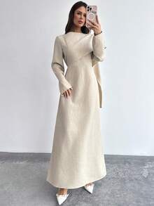 Firerie Váy đi làm thường ngày thanh lịch dành cho nữ, Váy chữ A cổ cao tay dài họa tiết tre kaki, Đầm thu/đông mới cho nữ, Váy bó eo, Trang trọng/thường ngày khi đi làm - Màu Khaki - Xem 8