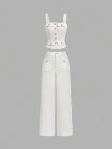 SHEIN MOD 仿珍珠纽扣装饰背心，直筒裤，贵族风套装，女士两件套，女士两件套，粗花呢两件套，白色两件套，秋冬节日两件套 - 白色 - 查看 4