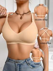 1件裸色贴身女士舒适性感多功能凝胶衬垫不可拆卸衬垫文胸 - 杏色 - 查看 8
