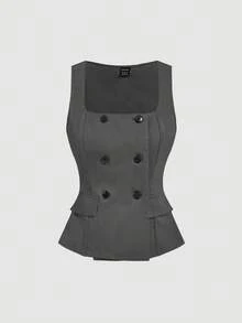 SHEIN MOD 灰色双排扣V领马甲裤套装（两件套），适合办公室穿着，复古优雅风格，学院风，职业装，秋冬季教堂女装 - 深灰色 - 查看 5