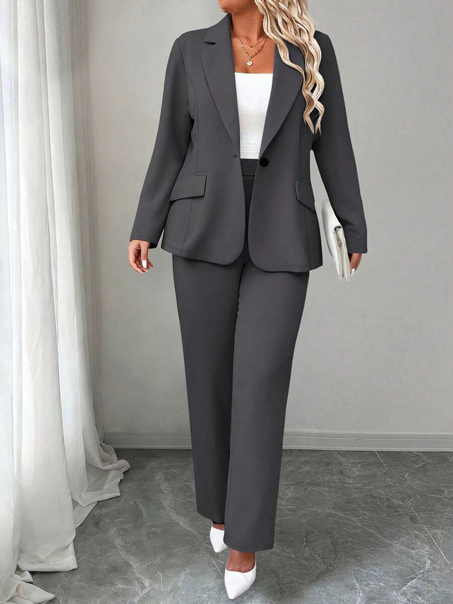 Elenzga Plus Size Solid Color Formal Suit Jacket & Pants Set