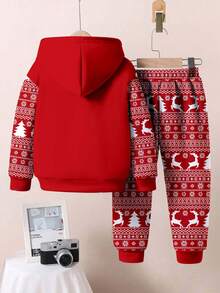 SHEIN 2 peças/Conjunto Moletom Casual Confortável de Manga Longa com Capuz para Meninos Jovens, Adequado para Outono/Inverno, Estampas Clássicas de Natal Incluindo Papai Noel, Árvore de Natal, Boneco de Neve, Presentes, Rena, Flocos de Neve - Multicolorido - Visão 3