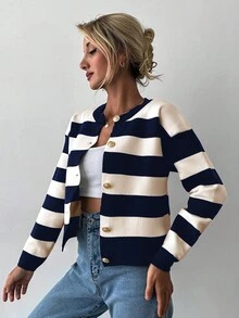 EURMUSE 女士前扣长袖条纹休闲衬衫，日常穿着