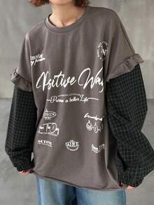 FRIFUL Women's Casual Plaid Patchwork 2 In 1 T-Shirt, Autumn - Grey - View 4