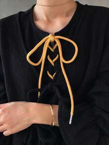 FRIFUL Bộ 2 món dành cho nữ: Áo khoác cardigan tay loe màu trơn thắt nơ phía trước và đầm thắt nơ chéo ngực màu tương phản. - màu đen - Xem 9