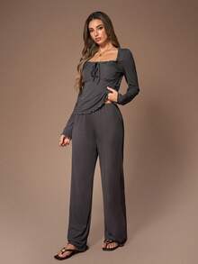 Lazeform 女士休闲纯色方领长袖上衣和裤子睡衣套装 - 深灰色 - 查看 5