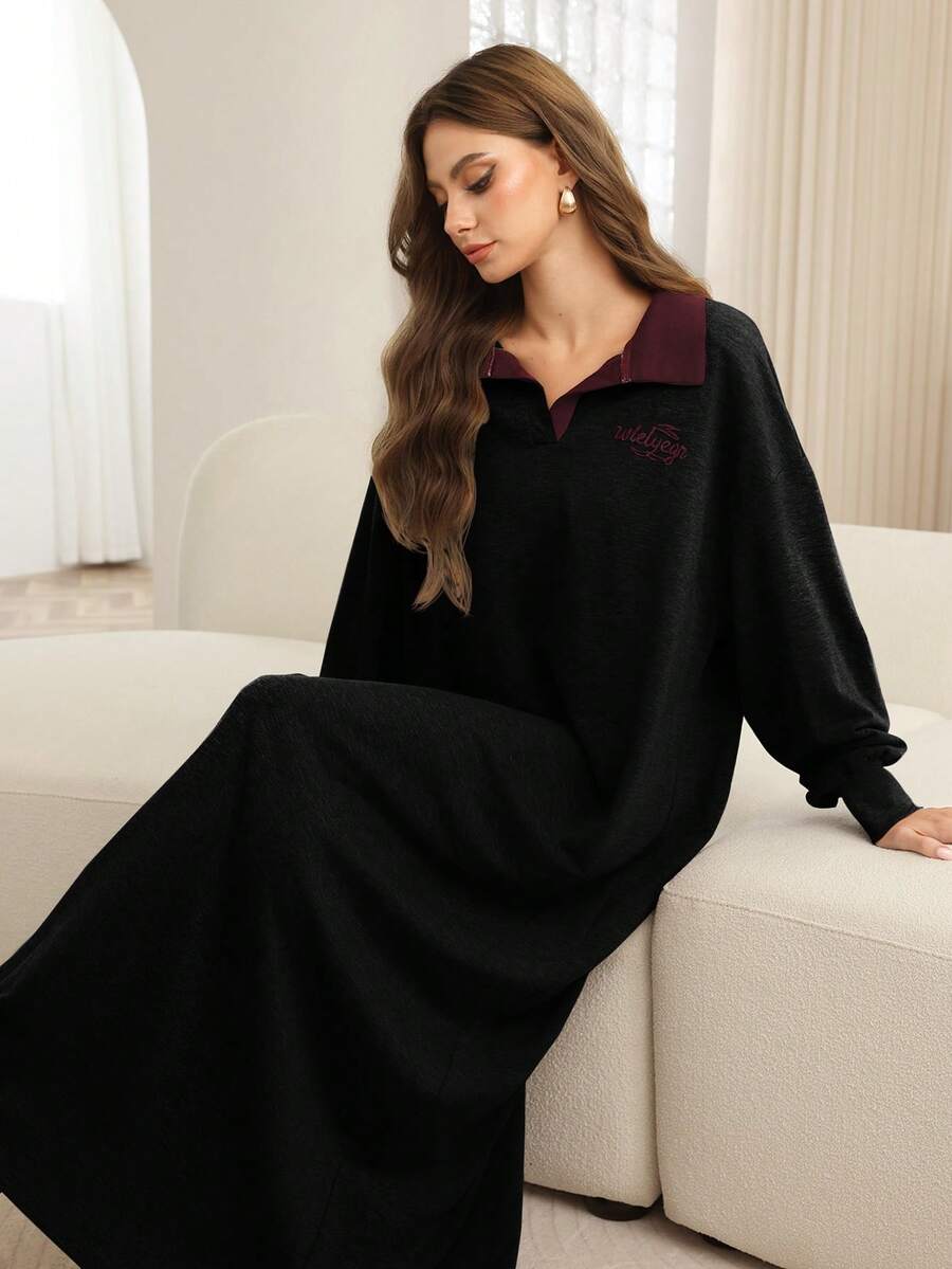 Al Najma Váy nỉ dệt kim màu xám dành cho nữ có cổ, thêu chữ, dáng suông, thời trang và dáng rộng - màu đen - Xem 1