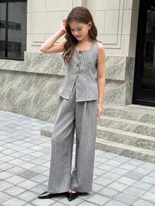 SHEIN 2pcs Tween Girls Grey Ribbed Waist Cinched Top + Long Casual Outfit Set, Fashionable For Commuting And Everyday Wear - Grey - View 3