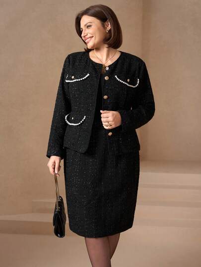 Chikora Plus Size Black Tweed Jacket & Skirt Suit Set, Pearl Decor Office Workwear Outfit, Elegant Vintage Jacquard 2-Piece Set,Tweed Suit Set, Black Suit Set, Jacket And Skirt Two-Piece Outfit, Beaded Embellished Tweed Set, Belted Jacket Set For Women, Black Blazer Skirt Suit, Commuter Two-Piece Outfit, Office Wear Suit Set, Elegant Tweed Matching Set, Christmas Outfit, New Year Outfit For Women, Winter Wear