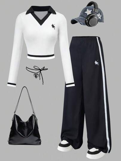 Sparklyn 2件套女童套装，白色V领黑色翻领长袖短款修身T恤+宽松阔腿裤，黑白经典套装，饰有马形丝带，长袖上衣+阔腿裤套装，黑白针织运动套装