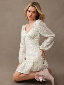 WESTFADE Floral Embroidered V Neck Bow Front Long Sleeve Tiered Ruffle Mini Dress Holiday, Christmas, New Years Eve Outfit, NYE, Fall, Autumn, Winter, Boho, Casual, Cute, Western Wear - White - View 1