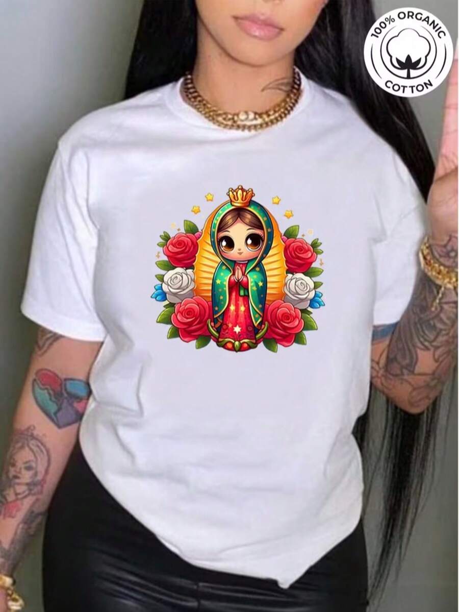 Mujer camiseta casual moderno gráfico Virgen de Guadalupe estilo caricatura flores colores vivos estampado cómoda holgada cuello redondo manga corta primavera verano celebración religiosa - Blanco - Ver 1