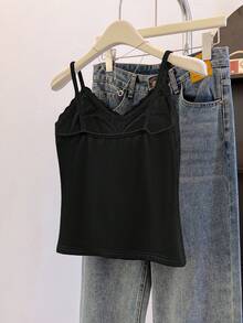 SHEIN Franclia 女士纯色蕾丝拼接优雅吊带衫 - 黑色 - 查看 2