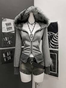 StreetHx 女士街头风保暖连帽拉链卫衣，长袖，秋冬款 - 灰色 - 查看 3