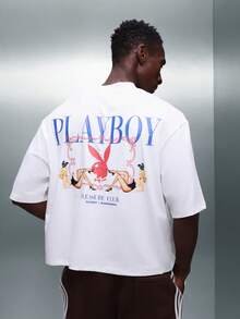 PLAYBOY X SUMWON Koszulka z nadrukiem Bunny Graphic Crew Neck, krótkim rękawem i prostym krojem, biała, w stylu streetwear, na co dzień, do klubu rekreacyjnego i na lato