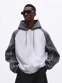 Sudadera con capucha con cremallera completa y bloques de color SUMWON para hombres, ajuste regular, manga larga, casual para otoño e invierno - Gris - Ver 5