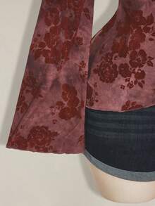 SHEIN ICON Áo thun tay loe họa tiết hoa chéo jacquard cổ điển màu xanh lá cây cổ điển dành cho nữ cỡ lớn - Màu Đỏ Sâu - Xem 7