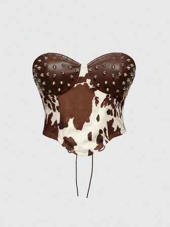 Hippie Vintage Western Tiermuster Patchwork PU Nieten Damen Top