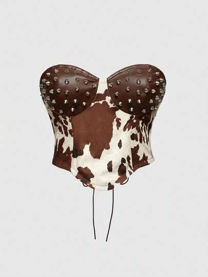 Hippie Top da donna in stile vintage con stampa animale patchwork in PU e borchie