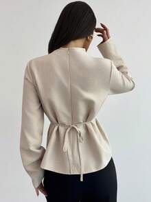 Firerie Women's Elegant Commute & Casual Vintage Bamboo Texture Stand Collar Long Sleeve Gathered Waist Pleated Design Regular Fit Shirt, Autumn/Winter New Ladies Blouse,Elegant Blouses For Women,Spring Women - Apricot - View 2