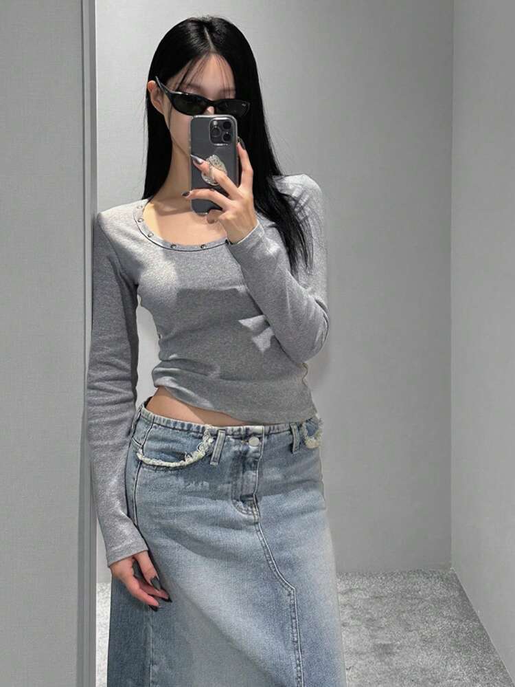 Women's Studded Crew Neck Long Sleeve T-Shirt, Slim Fit, Versatile Layering Top