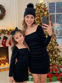 年轻女孩优雅黑色收腰修身方领长袖褶皱休闲连衣裙，适合派对、圣诞节、日常休闲、聚会。适合母女、姐妹套装 - 黑色 - 查看 7