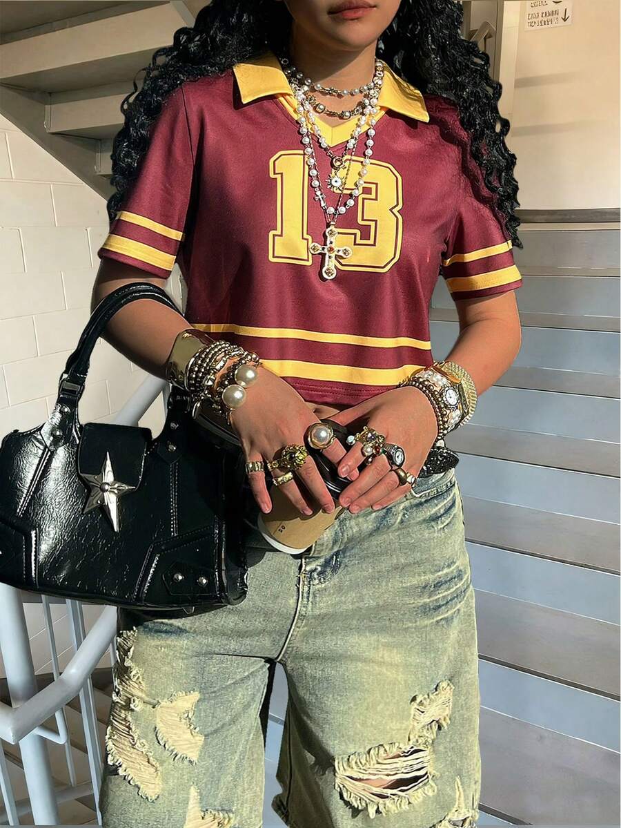 Rovax Áo crop top tay ngắn in họa tiết sọc và số cổ chữ V phong cách thể thao thường ngày cho nữ, mùa hè - Nhiều màu - Xem 1