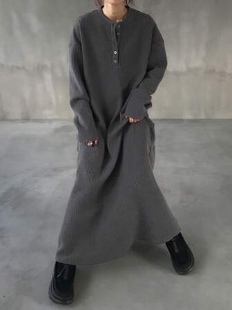 FRIFUL Damska sukienka midi z dzianiny waflowej z prostym zamkiem błyskawicznym