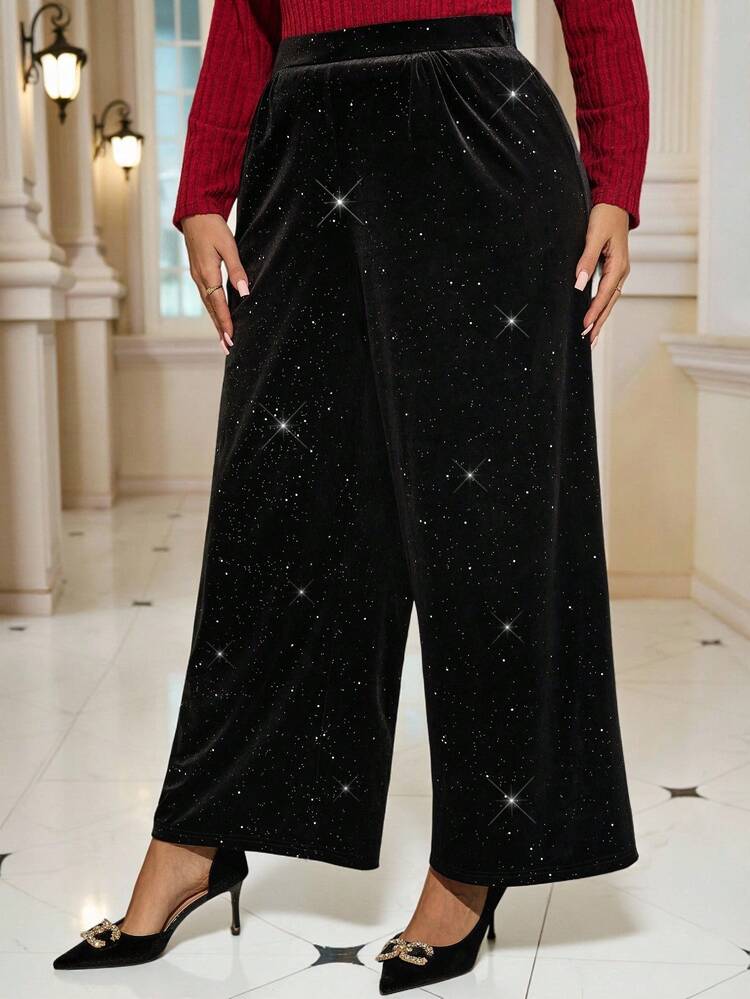 Plus Size Women High Waist Pockets Shiny Wide Leg Loose Elegant Pants, Black Pants, Shiny Pants, Litter Pants, Sequin Pants Women, Velvet Pants Women, Autumn/Winter, 2025 New, Clothes For New Year Christmas Clothes Elegant Dress Women Winter Clothes For Women Cozy Fall And Winter Clothes For Women Christmas Pajamas Christmas Clothes New Year Clothes Winter Clothes For Women