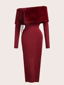 SHEIN PETITE Women's Burgundy Elegant Open Shoulder Christmas Dress,Autumn Plush Fur Trim Fitted Long Dress For Parties,Dining,Weddings & New Year's Eve Gown ,Petite Women - Burgundy - View 4